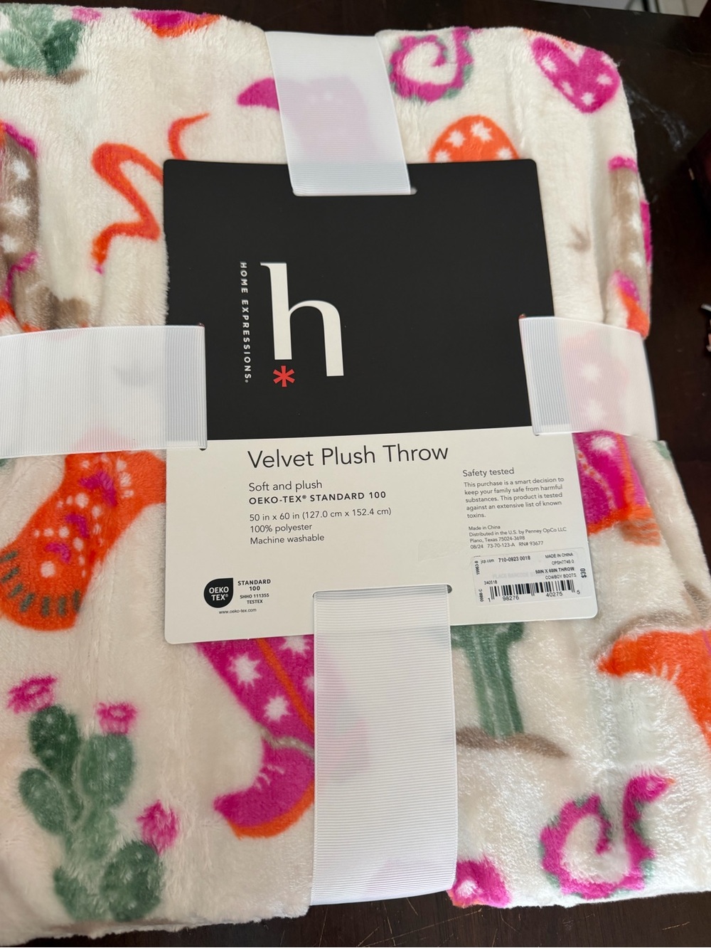Expressions Velvet Plush Throw in White with Pink, Orange & Green Desert Motif